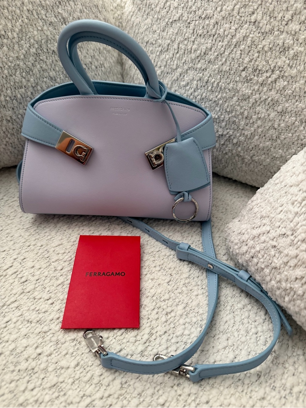 Salvatore Ferragamo Lavender Body with Light Blue Trim Leather Satchel